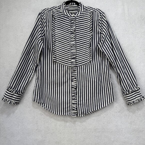 J Crew Shirt Womens Small Navy White Stripe Ruffle Trim Band Collar Long Sleeve - Picture 1 of 9